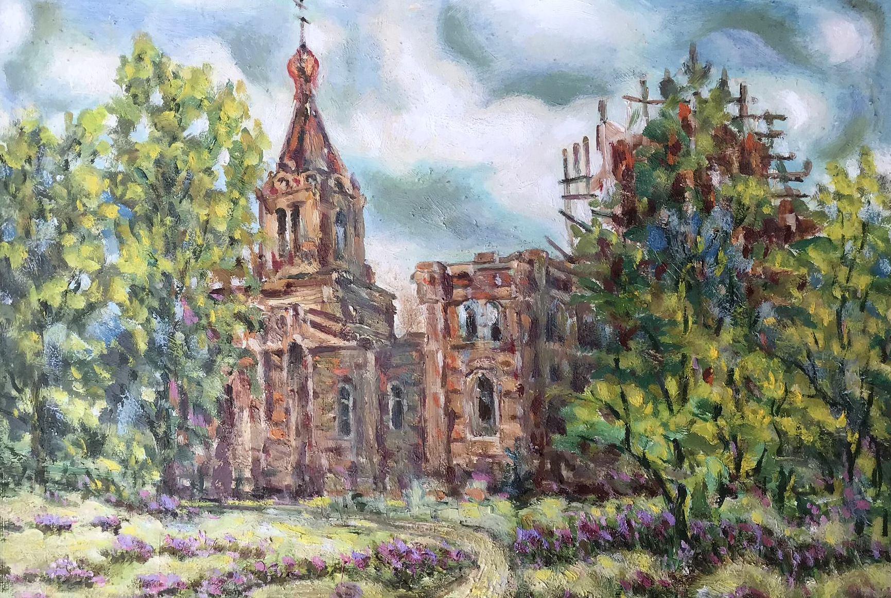 Ivan Shapoval Landscape Painting - Ryabushki Village and Church, Original oil Painting, Ready to Hang