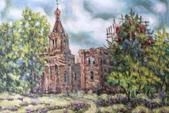 Villaggio e chiesa di Ryabushki, Pittura a olio originale, pronta da appendere