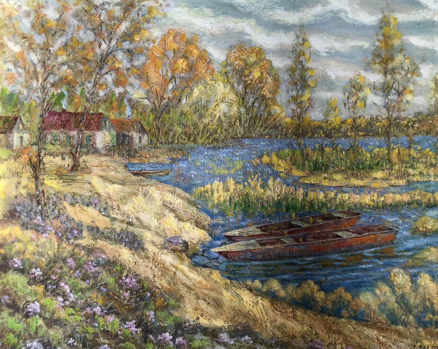 Ivan Shapoval Landscape Painting – Boats, Original-Ölgemälde in Öl, hängefertig