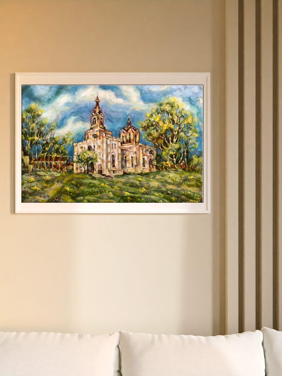 Church in Ryabushki, Original oil Painting, Ready to Hang For Sale 5