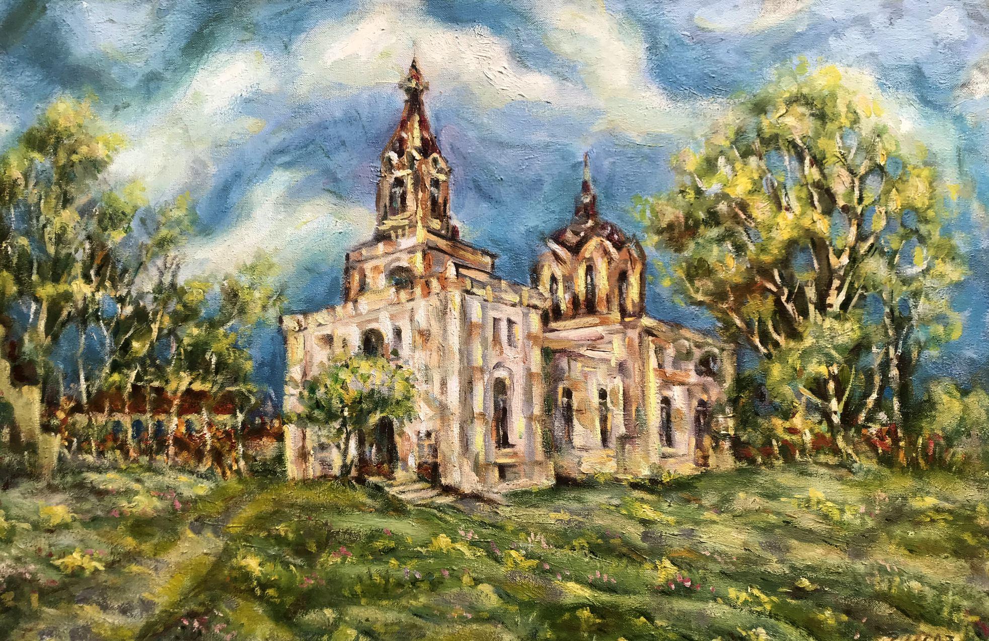 Ivan Shapoval Landscape Painting - Church in Ryabushki, Original oil Painting, Ready to Hang