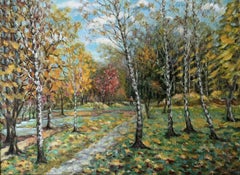 Goldener Herbst, Landschaft, Original-Ölgemälde in Öl, hängefertig