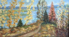 Autunno dorato, Paesaggio, Pittura ad olio originale, pronta da appendere