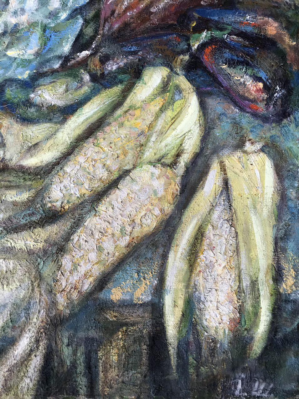 Artist: Shapoval Ivan Leontyevich
Work: Original oil painting, handmade artwork, one of a kind 
Medium: Oil on Canvas
Style: Impressionism
Year: 1983
Title: Harvest, Still Life
Size: 42