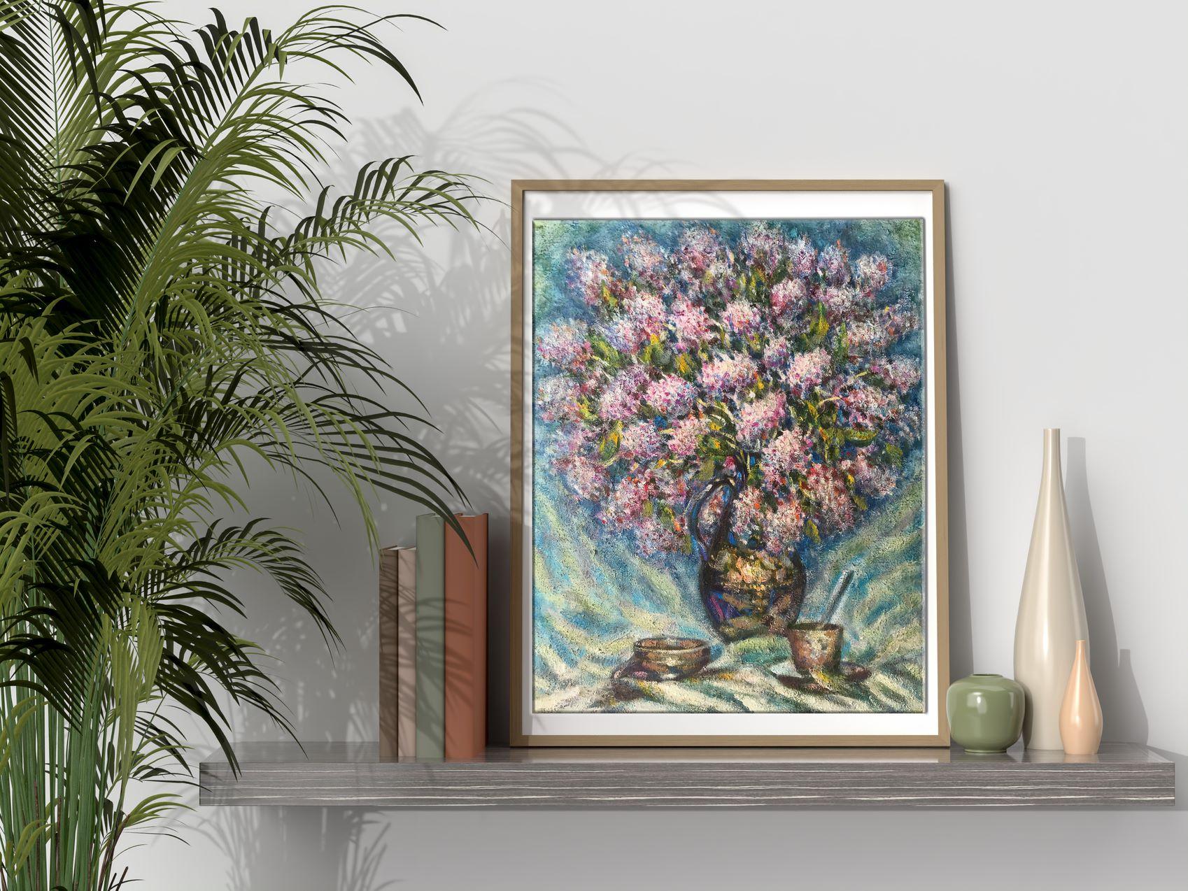 Flieder, Blumen, Original-Ölgemälde in Öl, hängefertig (Grau), Still-Life Painting, von Ivan Shapoval