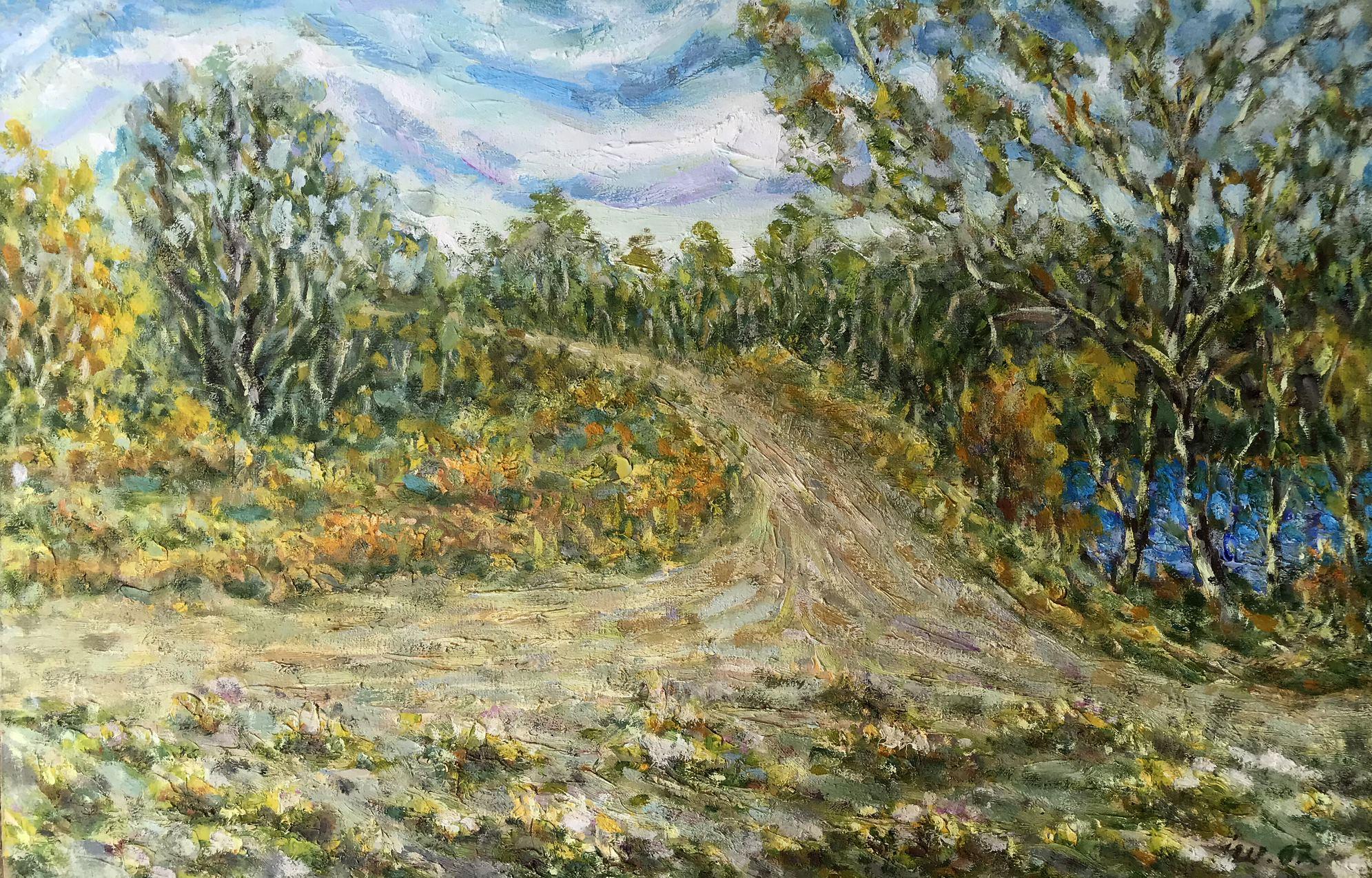 Ivan Shapoval Landscape Painting - Rural Road, Landscape, Original oil Painting, Handmade, Ready to Hang