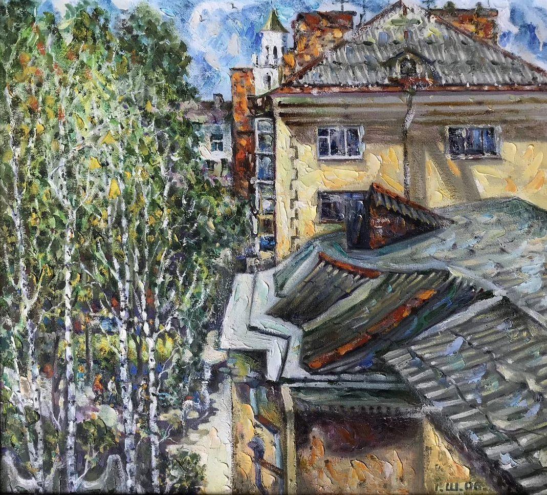 Ivan Shapoval Landscape Painting – View from the Balcon, Original Ölgemälde, Leinwandkunst, handgefertigt, hängefertig