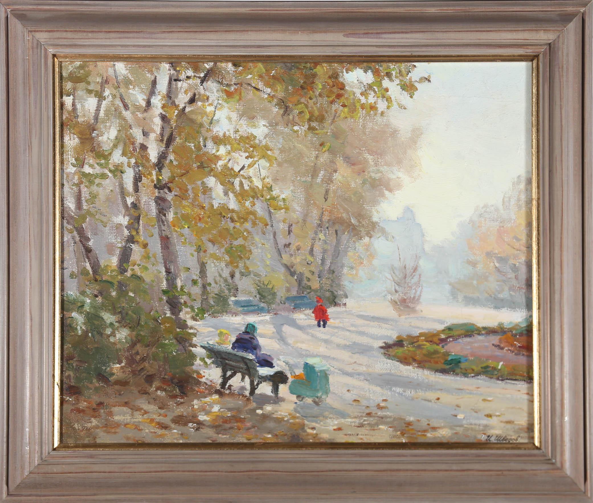 A charming depiction of figures enjoying the snow in a sunlit park. Signed to the lower right. Artist label with title and biographical information. Presented in a painted wooden frame with a gilt slip. On board.
