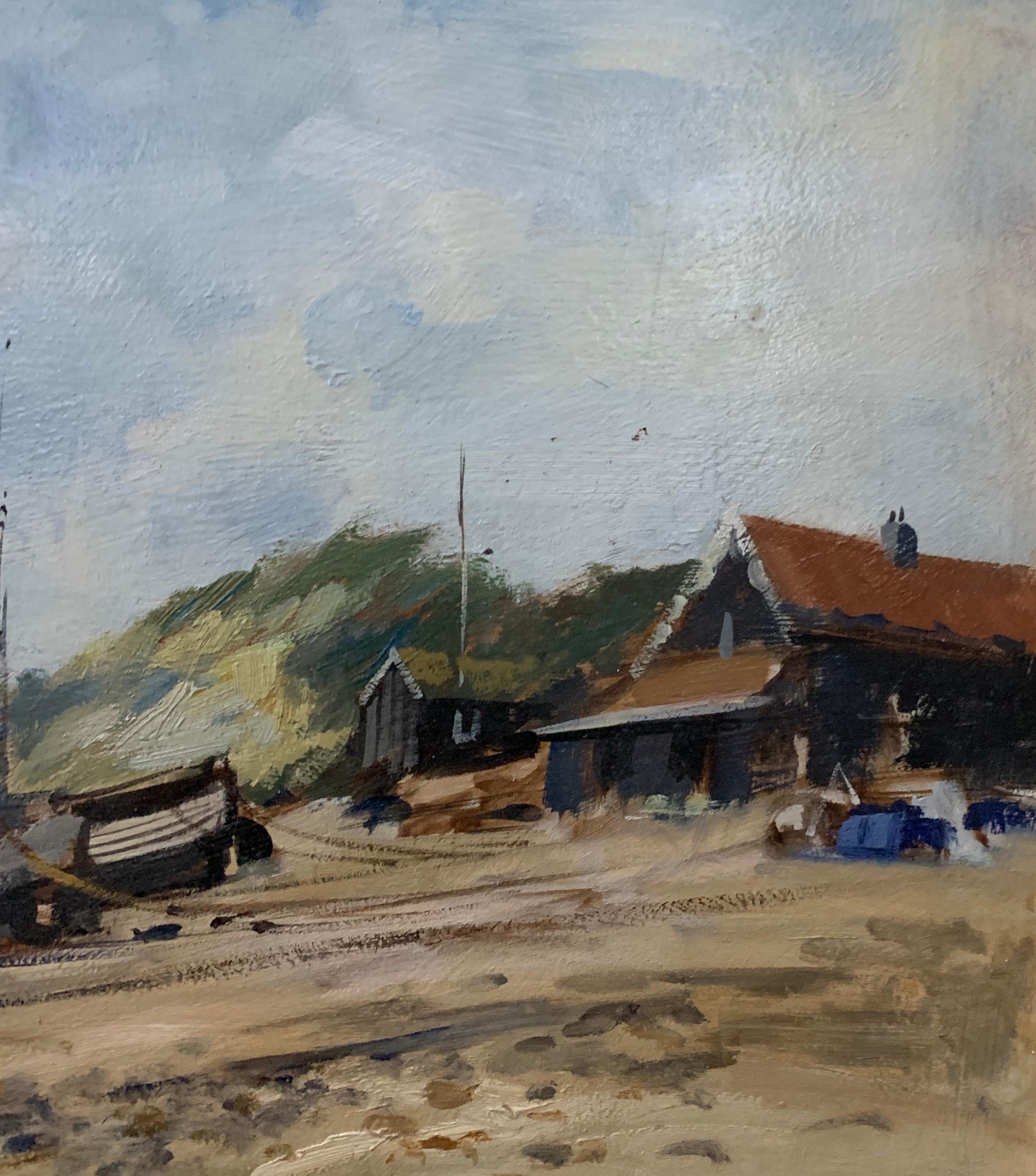 English Impressionist beach, shore scene with fishing boats, huts and landscape  - Painting by Ivan Taylor