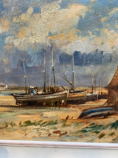 English Impressionist beach, shore scene with fishing boats, huts and landscape