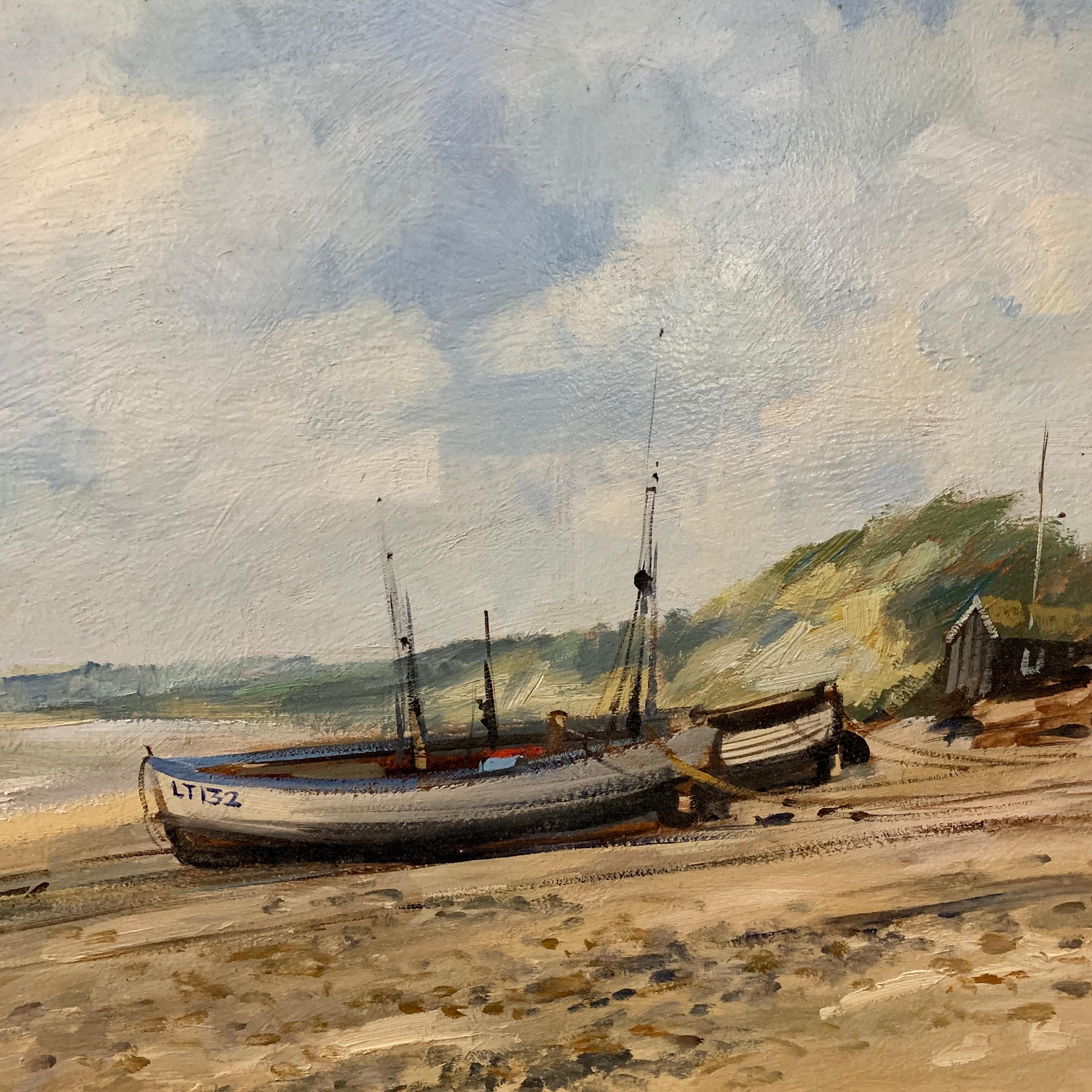 English Impressionist beach, shore scene with fishing boats, huts and landscape  - Gray Landscape Painting by Ivan Taylor