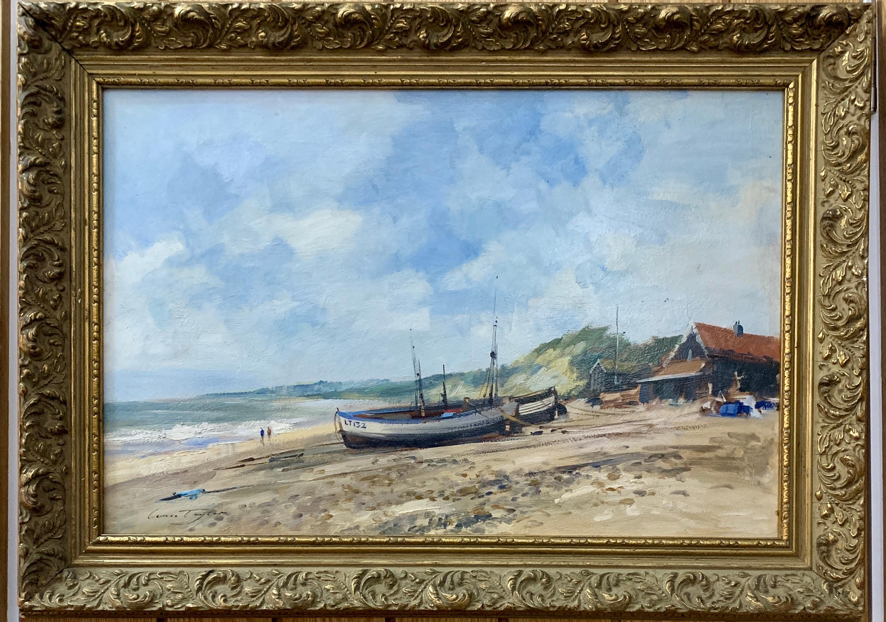 Ivan Taylor Landscape Painting - English Impressionist beach, shore scene with fishing boats, huts and landscape 