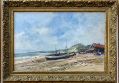 English Impressionist beach, shore scene with fishing boats, huts and landscape 