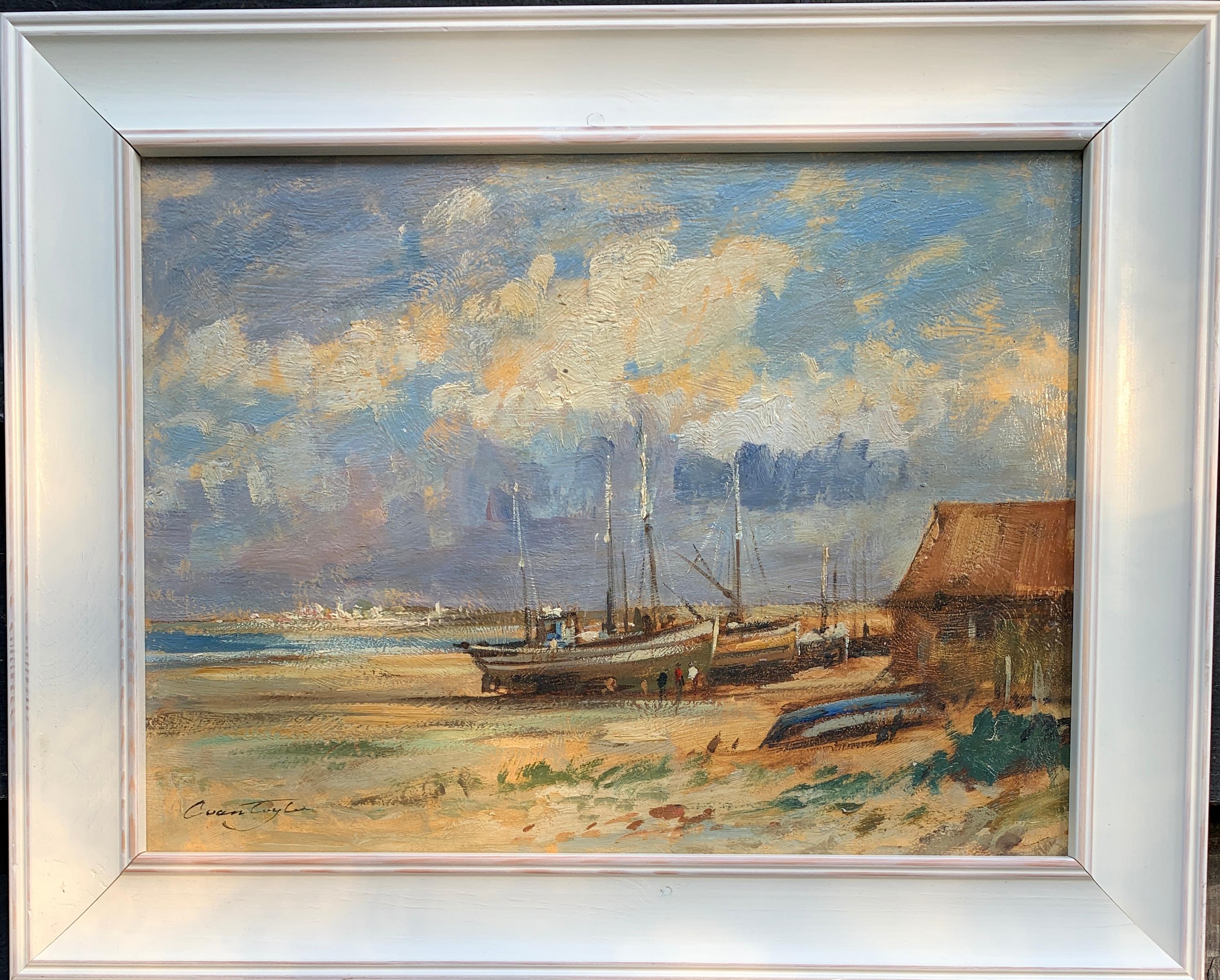 English Impressionist beach, shore scene with fishing boats, huts and landscape 