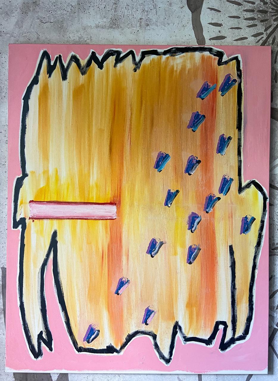 This painting is a meditative journey deep into oneself. Pink and yellow colors create a feeling of softness, comfort and lightness, like the rays of the morning sun breaking through slumber.
In the center of the composition is the contour