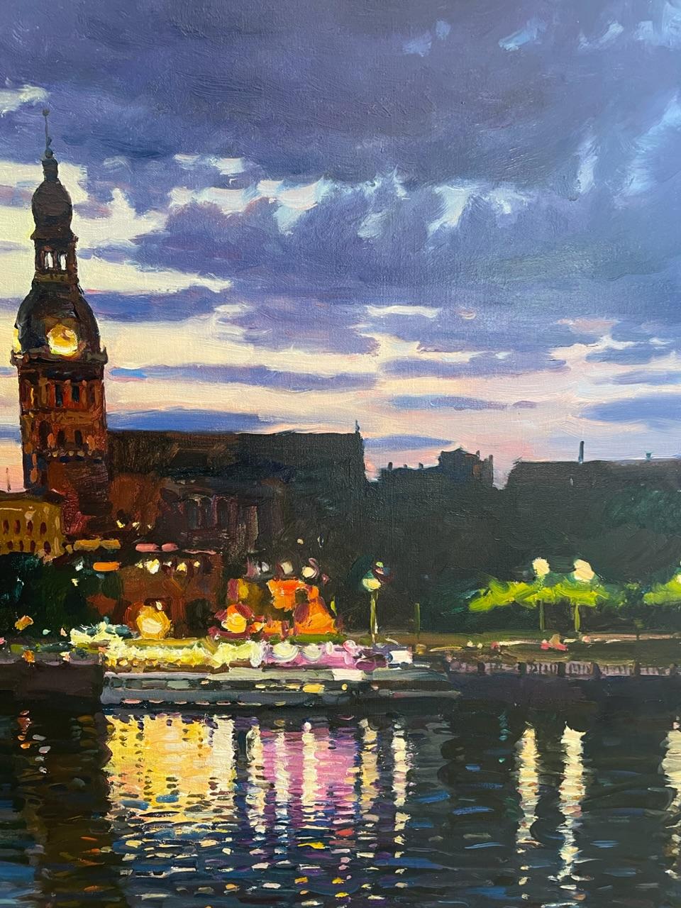 Night City Lights - Purple Landscape Painting by Ivan Vityuk