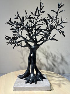 little hand-forged olive tree in one piece sculpture - black wrought iron 