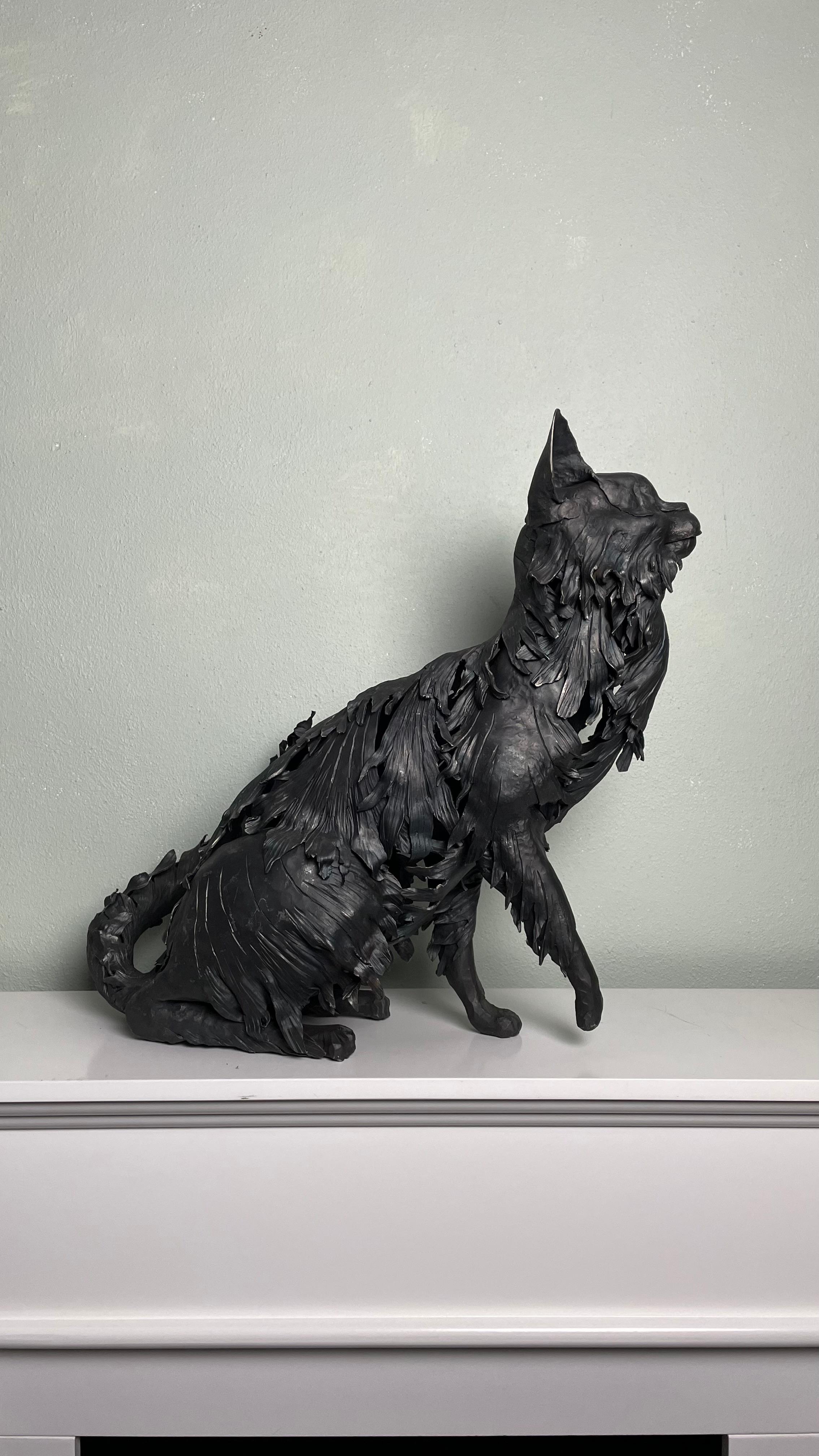 Cat forged crafted in black wrough iron. Unique. In and outdoor fine sculpture - Sculpture by Ivan Zanoni