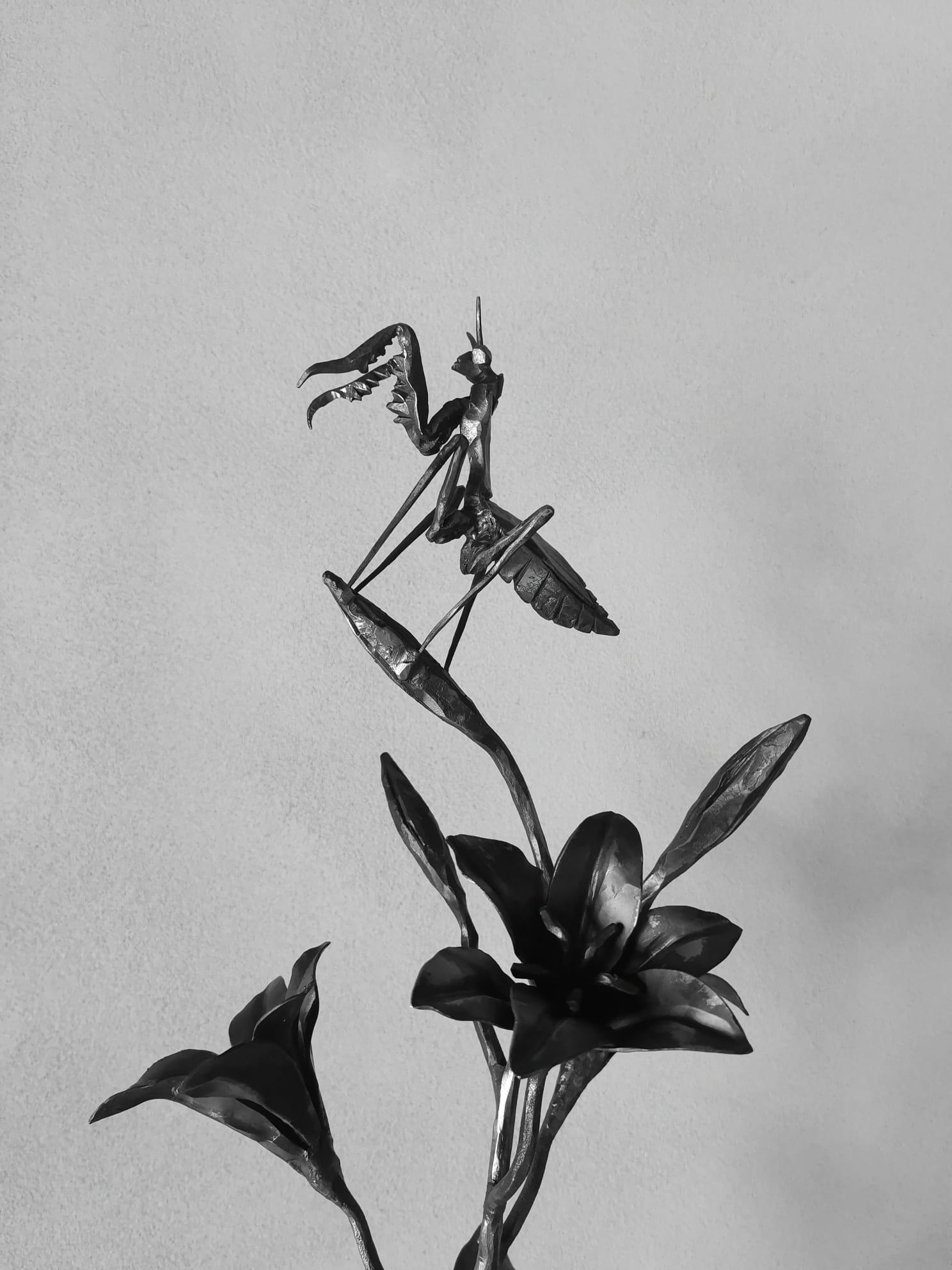 Lily and praying mantis hand-forged in wrought iron - Naturalistic Sculpture by Ivan Zanoni