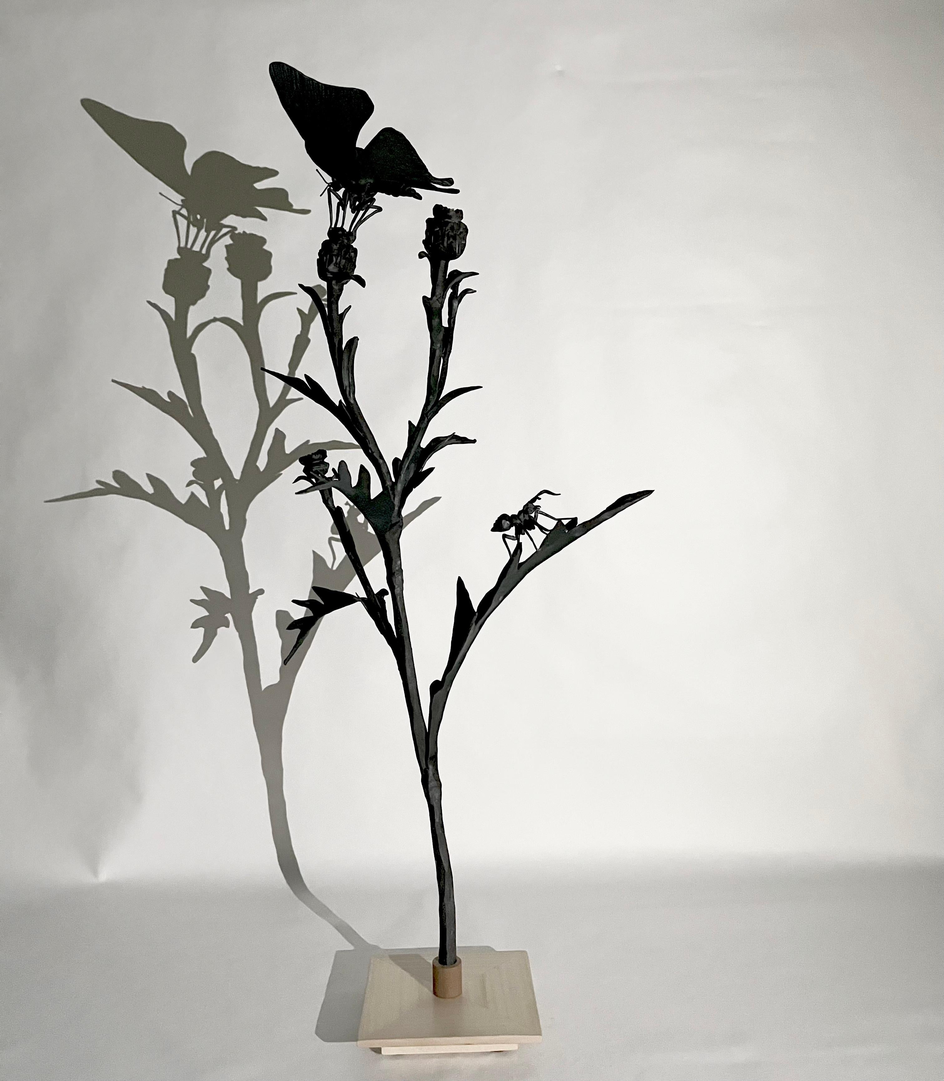 Thistle with butterfly and an ant - Wrought iron sculpture - Sculpture di Ivan Zanoni
