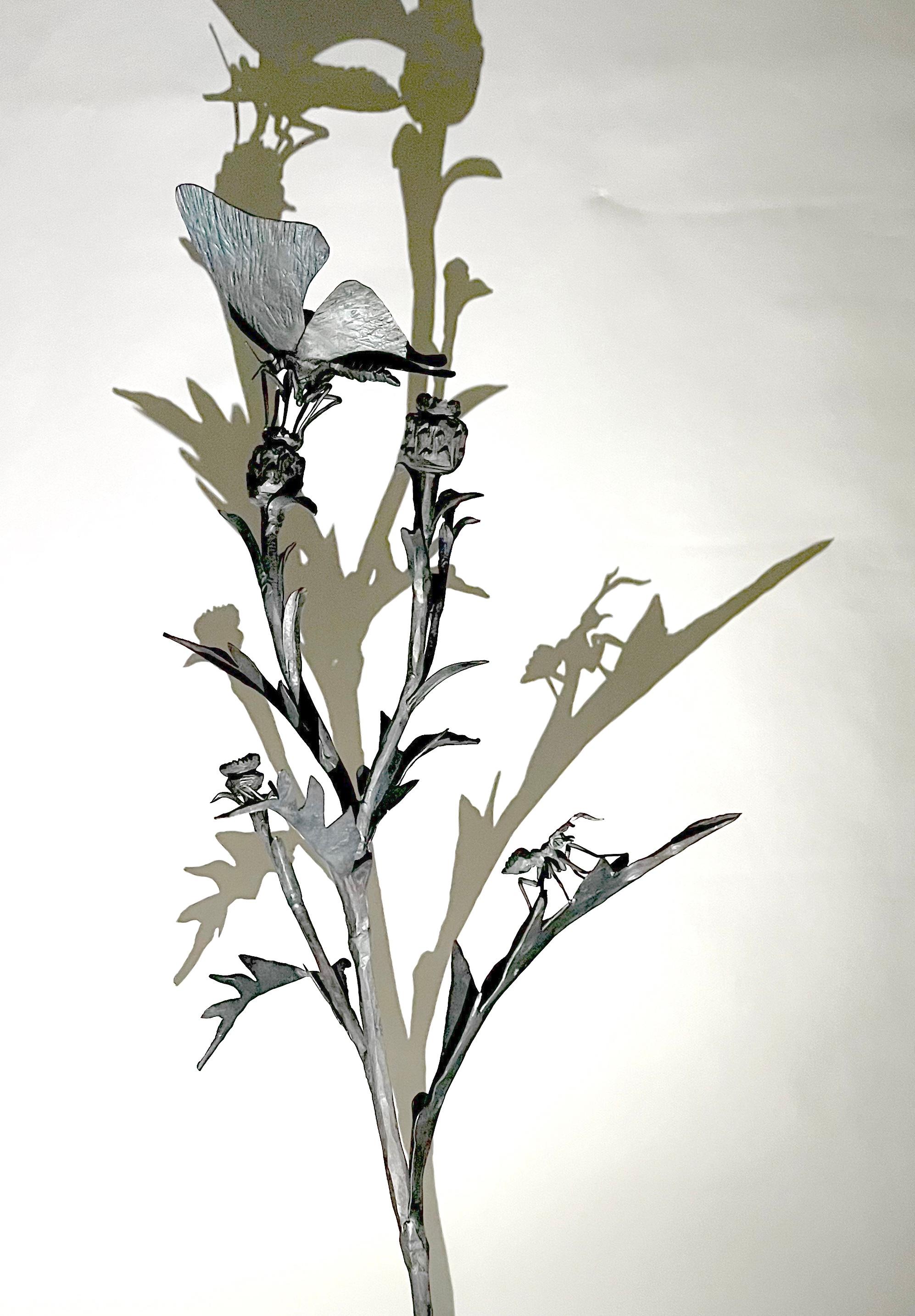 Thistle with butterfly and an ant - Wrought iron sculpture - Sculpture Naturalismo di Ivan Zanoni
