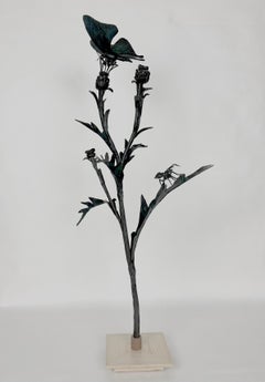 Thistle with butterfly and an ant - Wrought iron sculpture