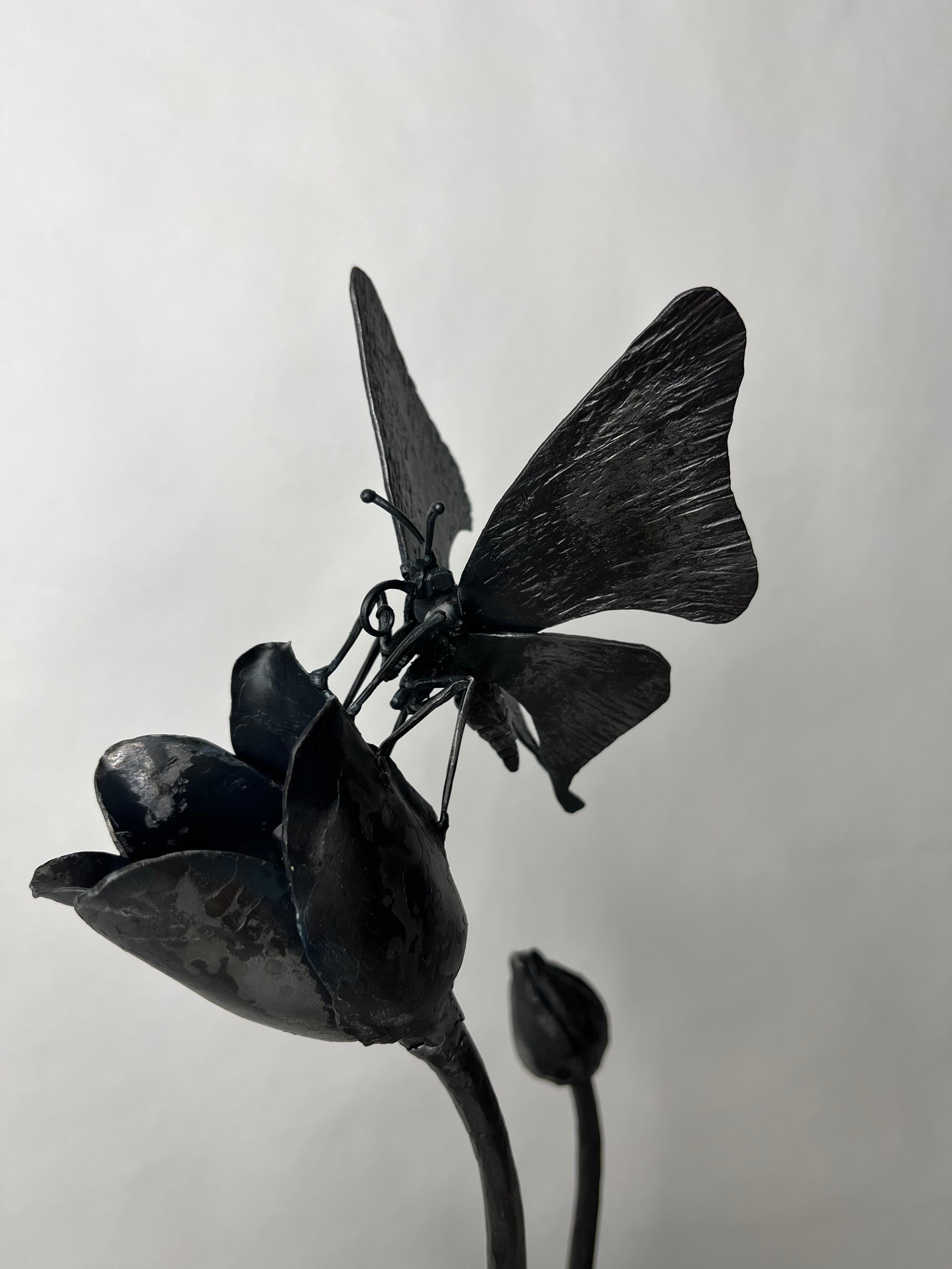 Description:
Six tulips in a row hand-forged in wrought iron at different stages of their bloom. The sequence of tulips is animated by the landing of a butterfly that revitalises and crystallizes the flowers for eternity.

Ivan Zanoni's wrought-iron