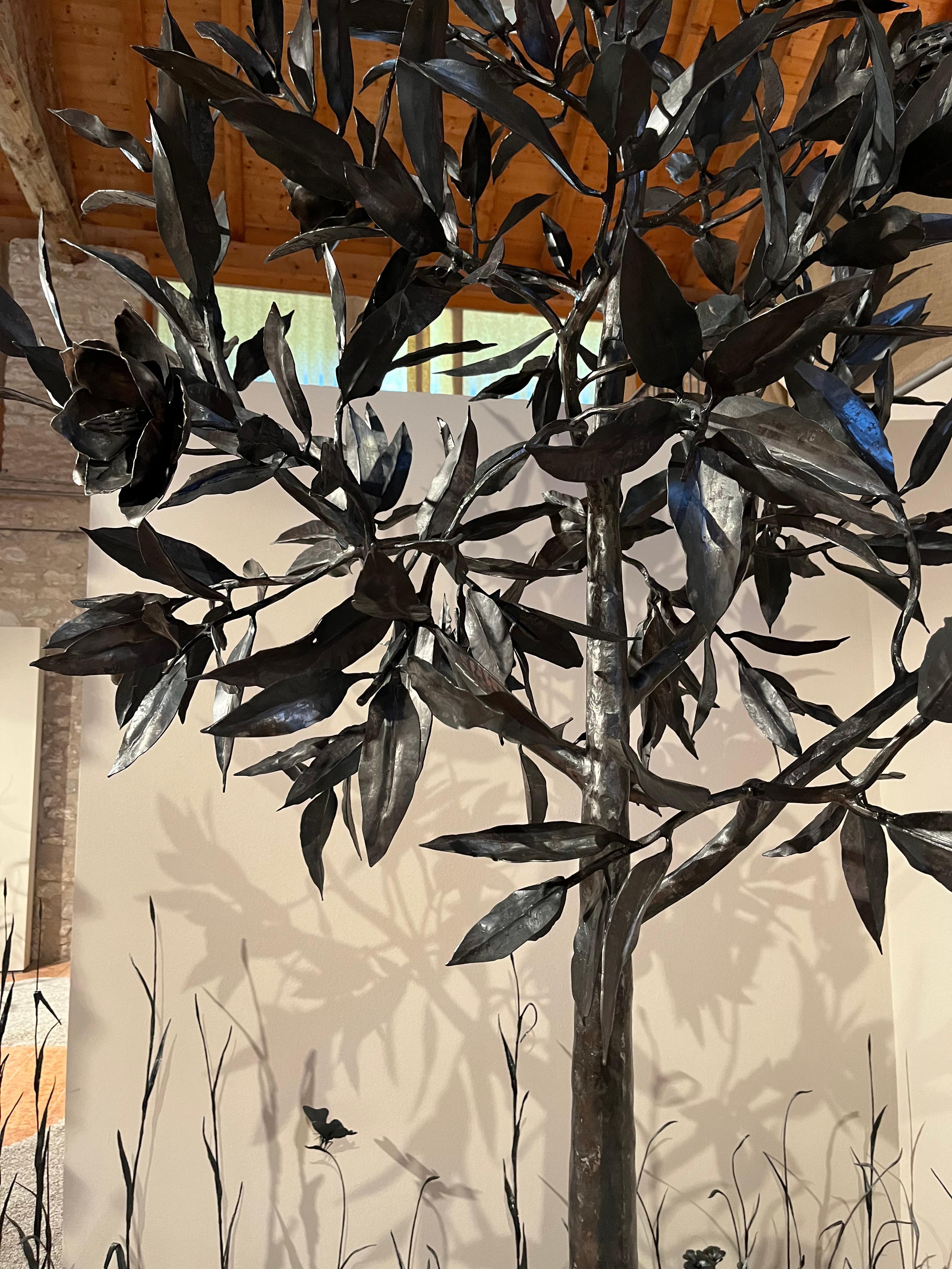 Black unique iron wrought Magnolia tree  - monumental outdoor indoor sculpture - Naturalistic Sculpture by Ivan Zanoni