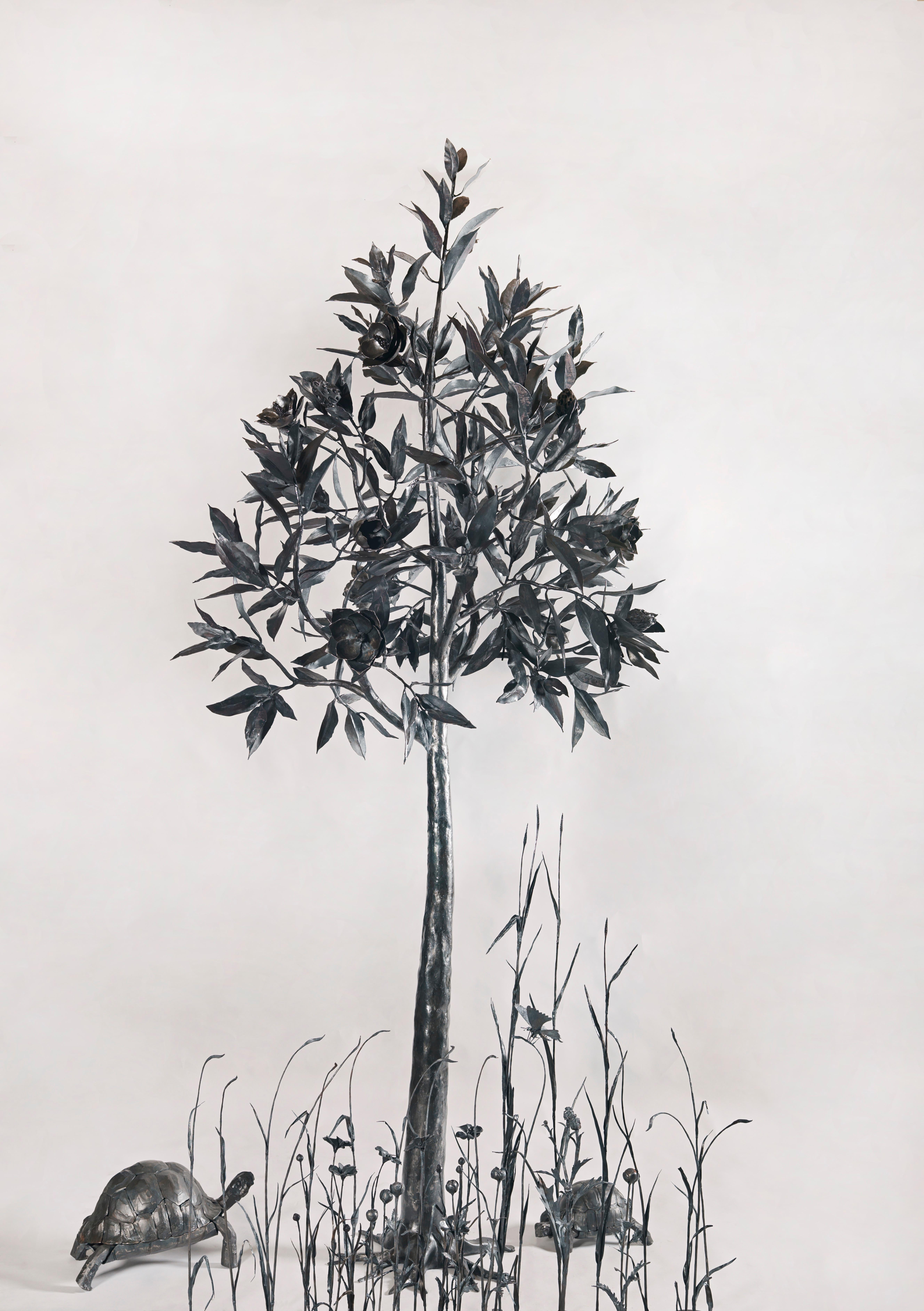 Black unique iron wrought Magnolia tree  - monumental outdoor indoor sculpture