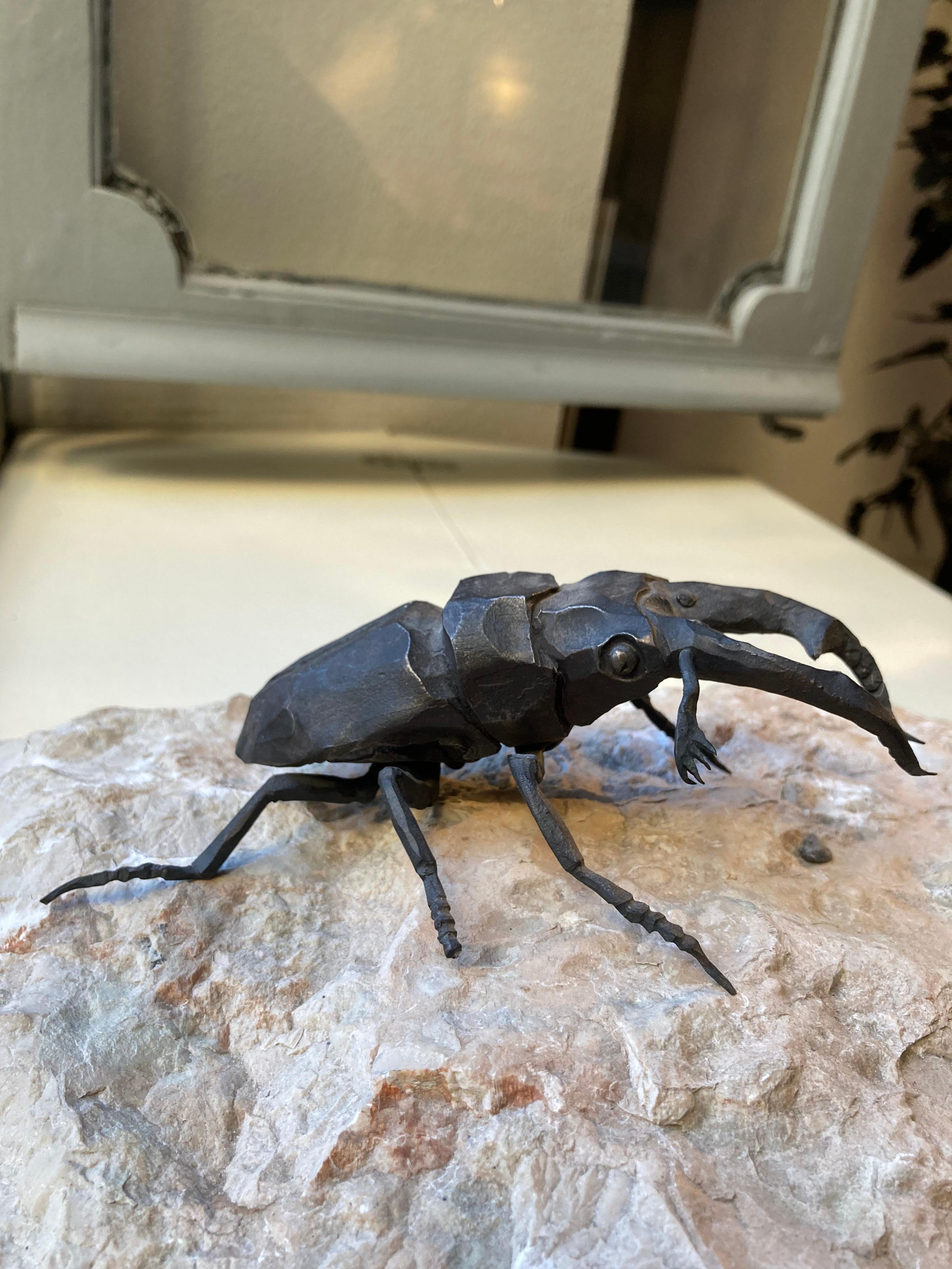 Pair of wrought iron stag beetles on a river stone all 