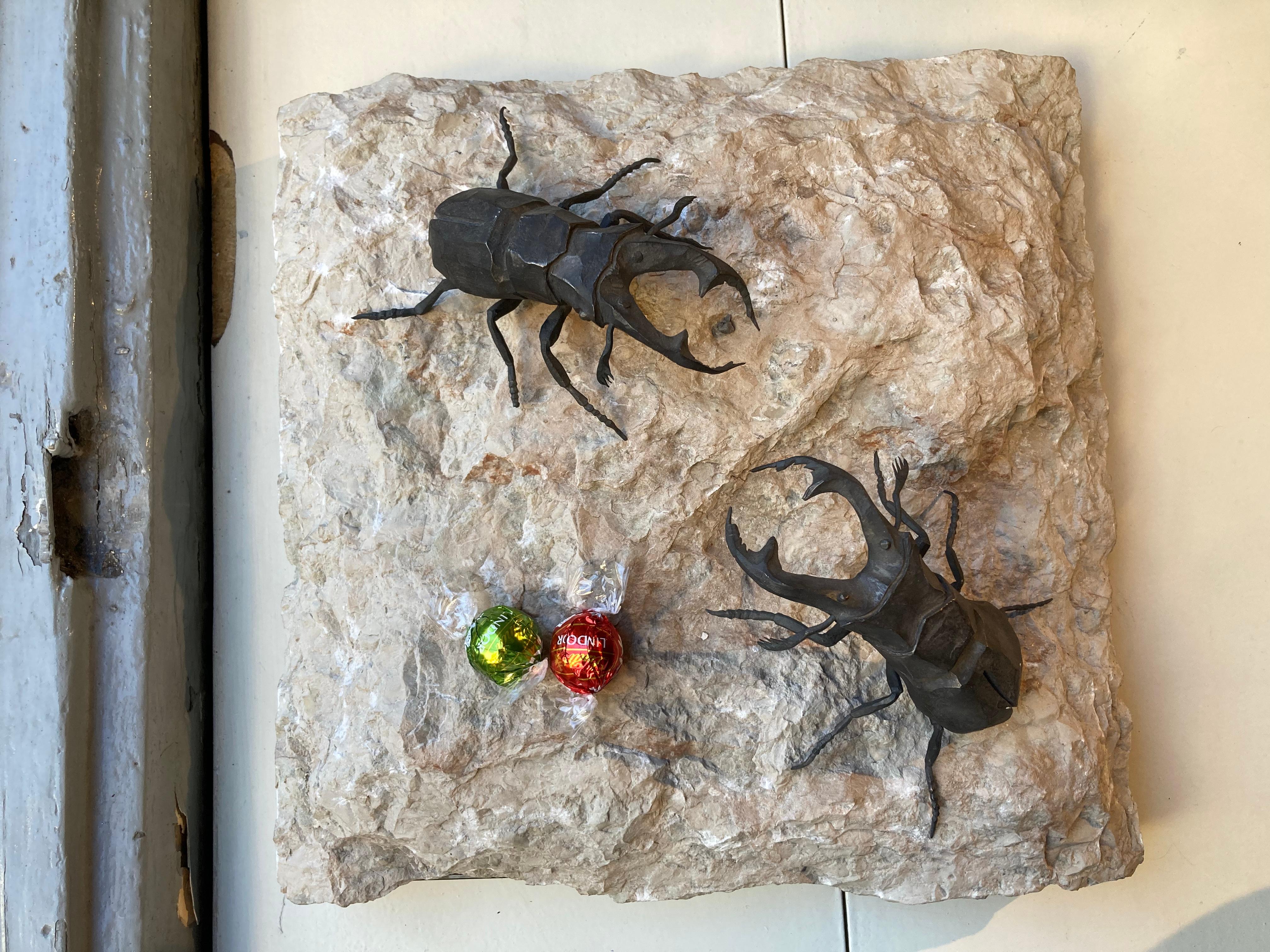 Pair of wrought iron stag beetles on a river stone all 
