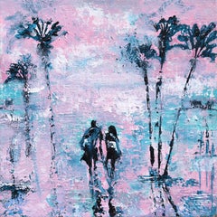 Beach Walk - Original Painting Two People Under Palm Trees on Pink Beach