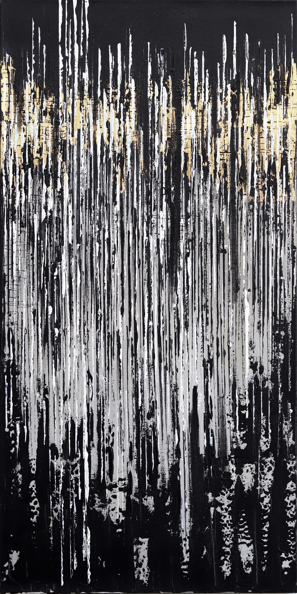 Landscape Painting Ivana Milosevic - Between the Lines 2 - Œuvre d'art originale abstraite et texturée en noir, blanc et or