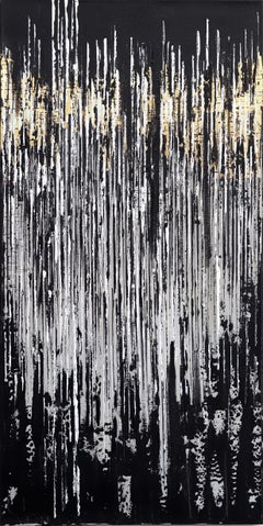 Between the Lines 2 – Original abstraktes, strukturiertes Kunstwerk in Schwarz, Weiß und Gold
