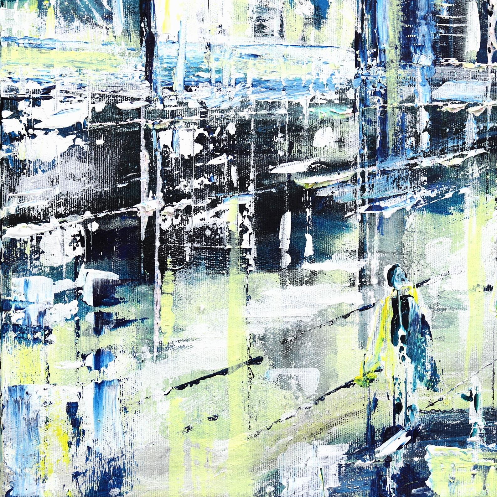 City Park 1 - Pittura astratta strutturata con paesaggio giallo-blu figurativo in vendita 2