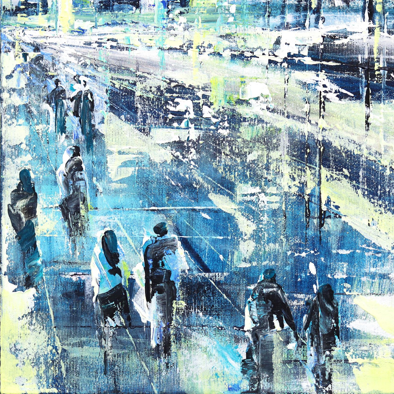 City Park 2 - Paisaje abstracto figurativo con textura azul y amarilla en venta 2