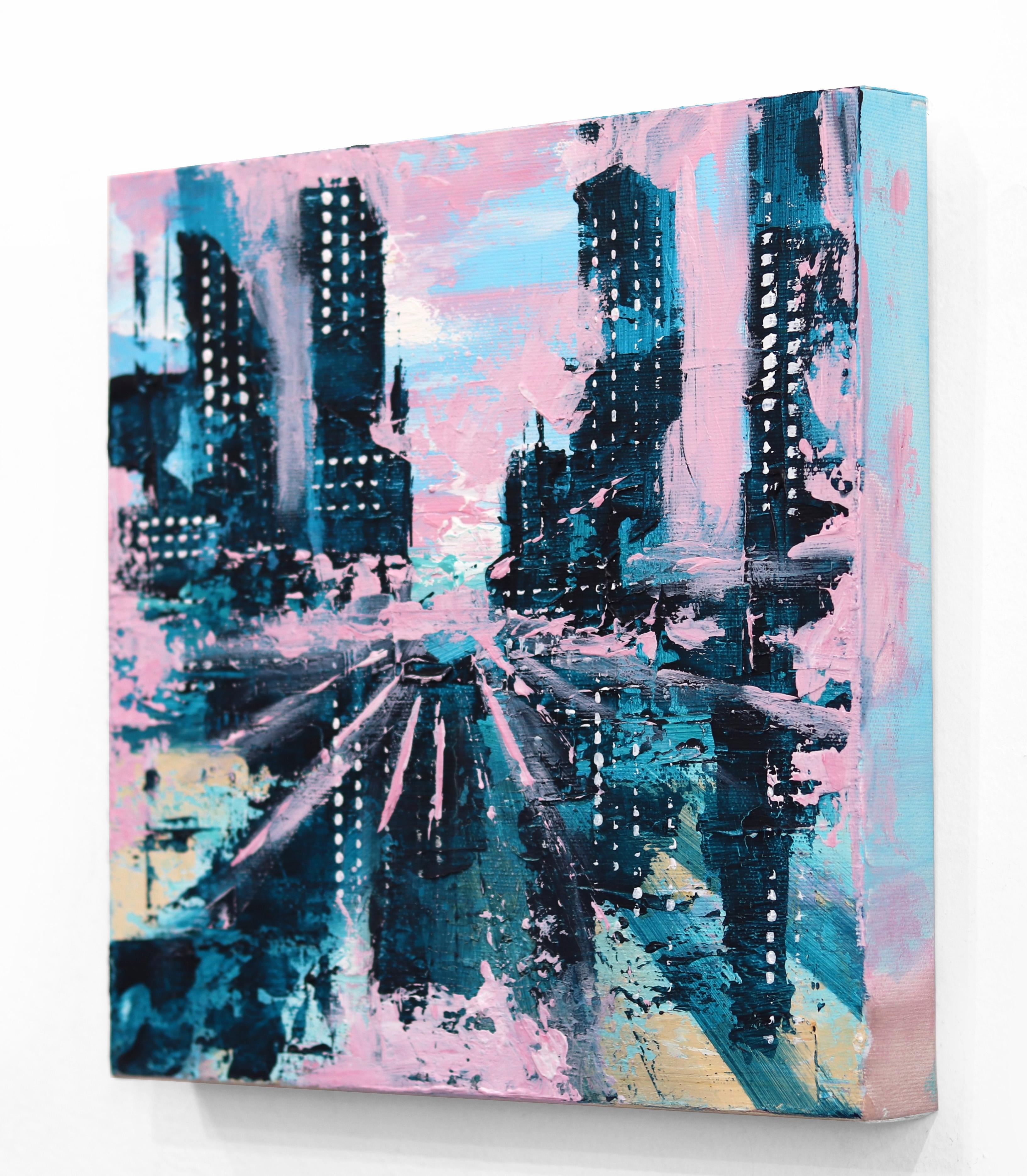 City Vibes - Pastel Pink Textured Cityscape - Post-Impressionist Painting by Ivana Milosevic