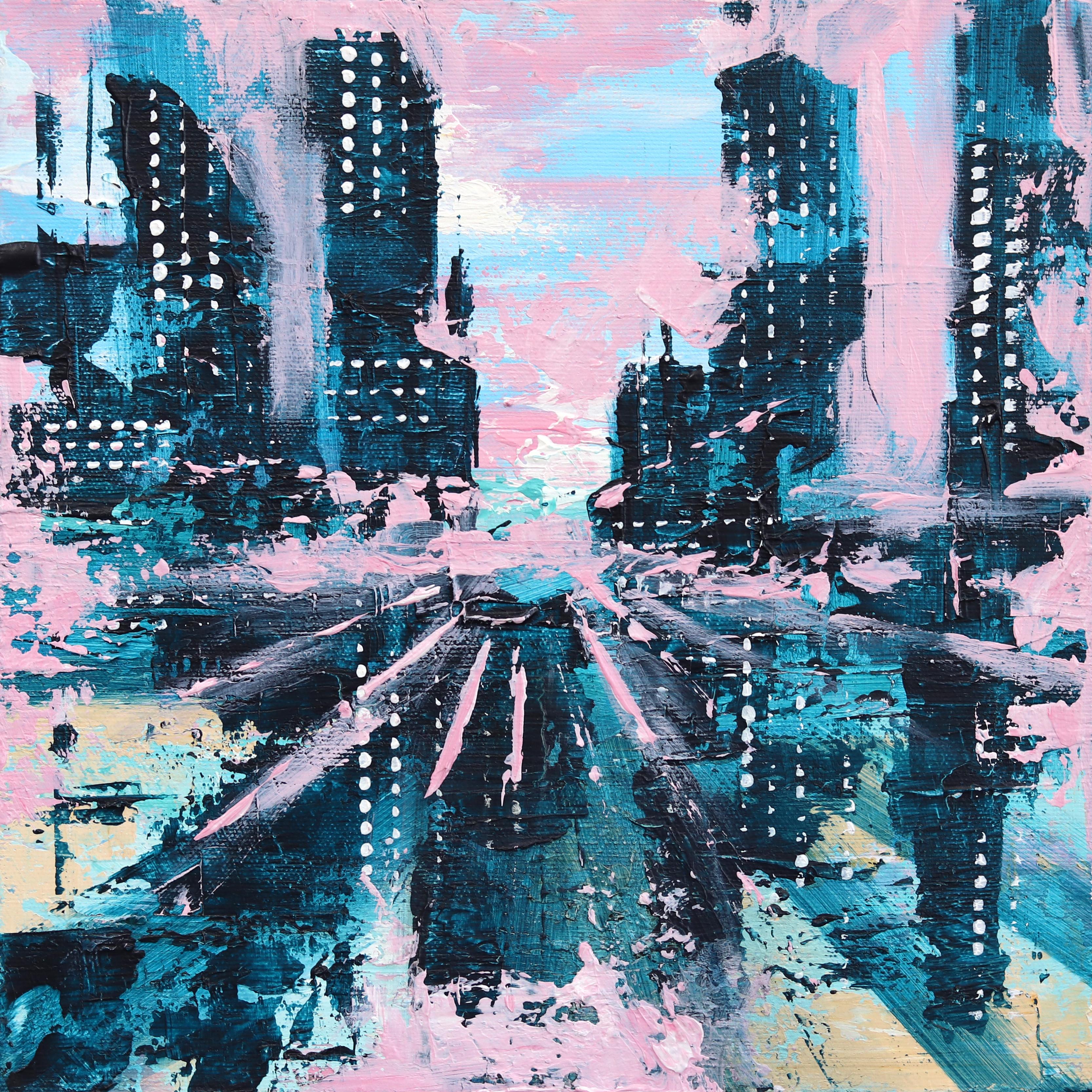 Ivana Milosevic Abstract Painting - City Vibes - Pastel Pink Textured Cityscape