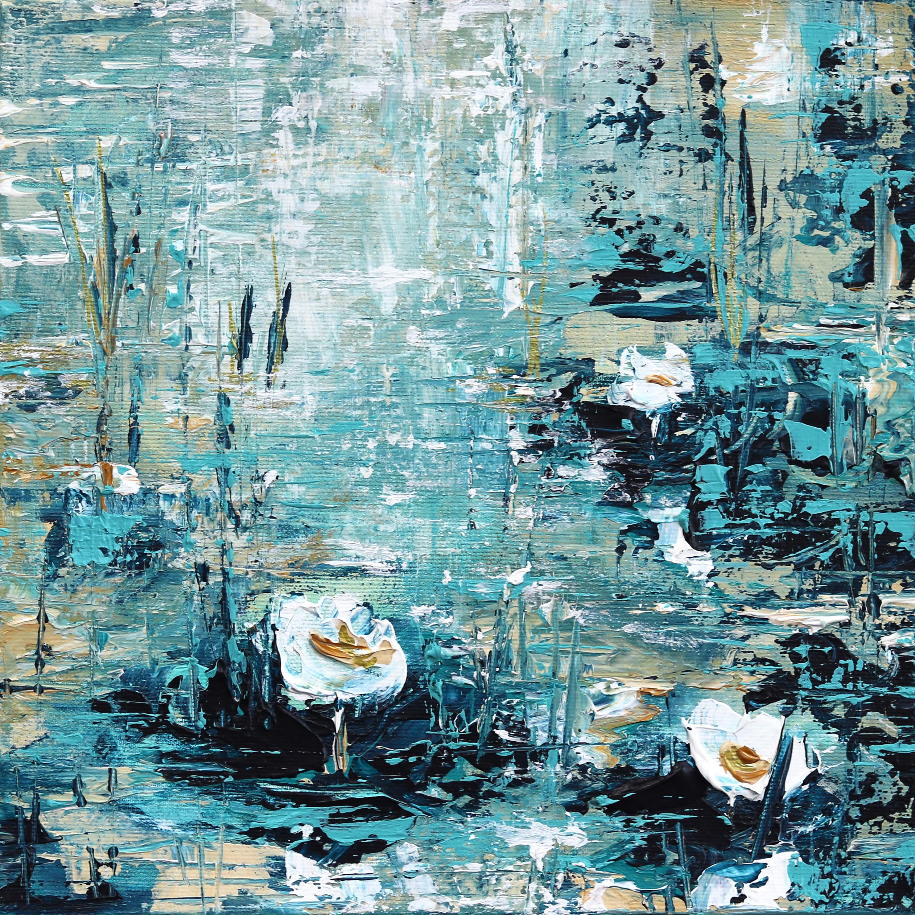 Ivana Milosevic creates vibrant, yet soothing Monet-inspired water landscapes that emphasize color and texture. She uses palette knives and brushes to carve details into layers of paint. They reflect a form of abstraction through the simplification