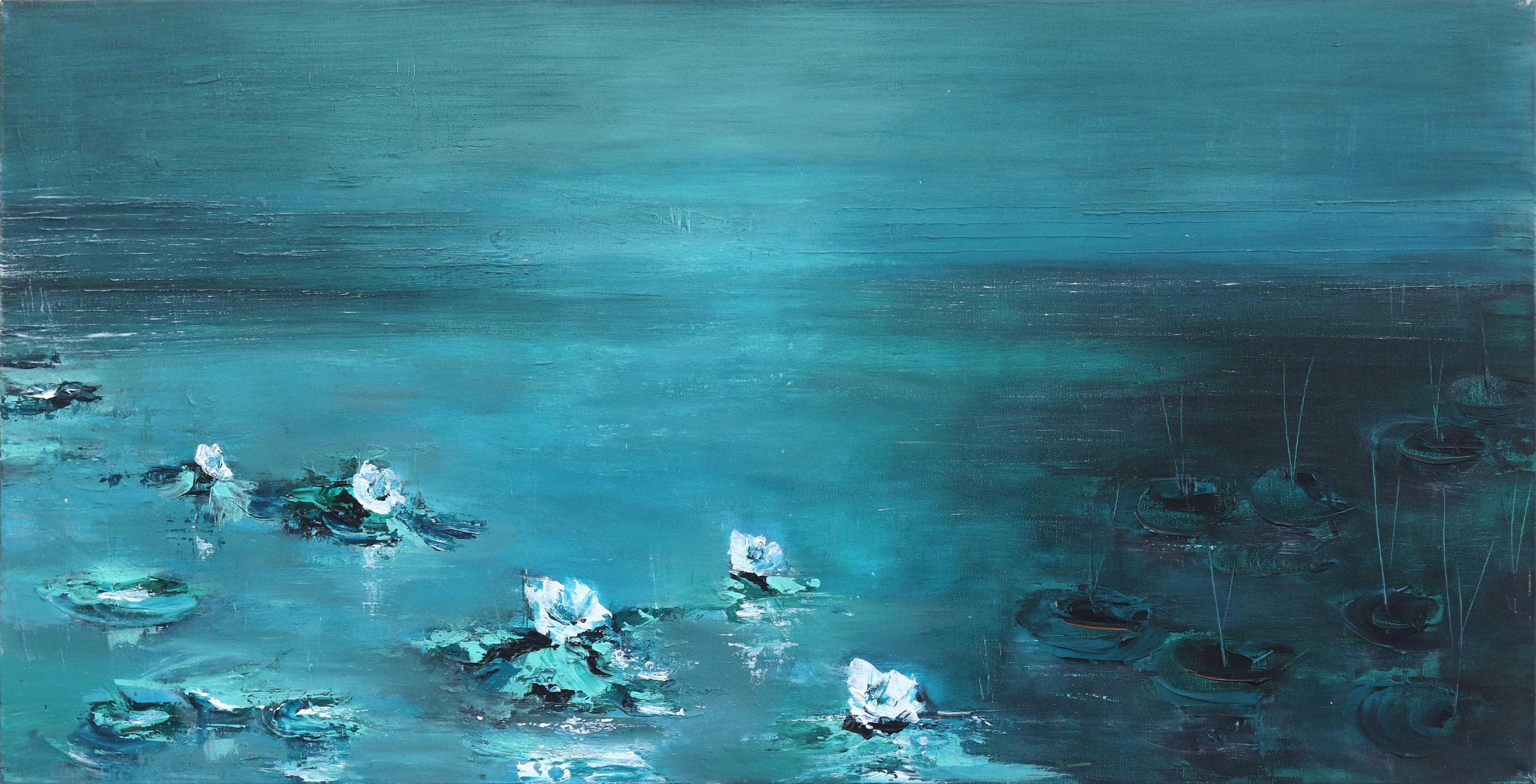 Lily Pond – Großes Originales impressionistisches Aquarellgemälde im Monet-Stil
