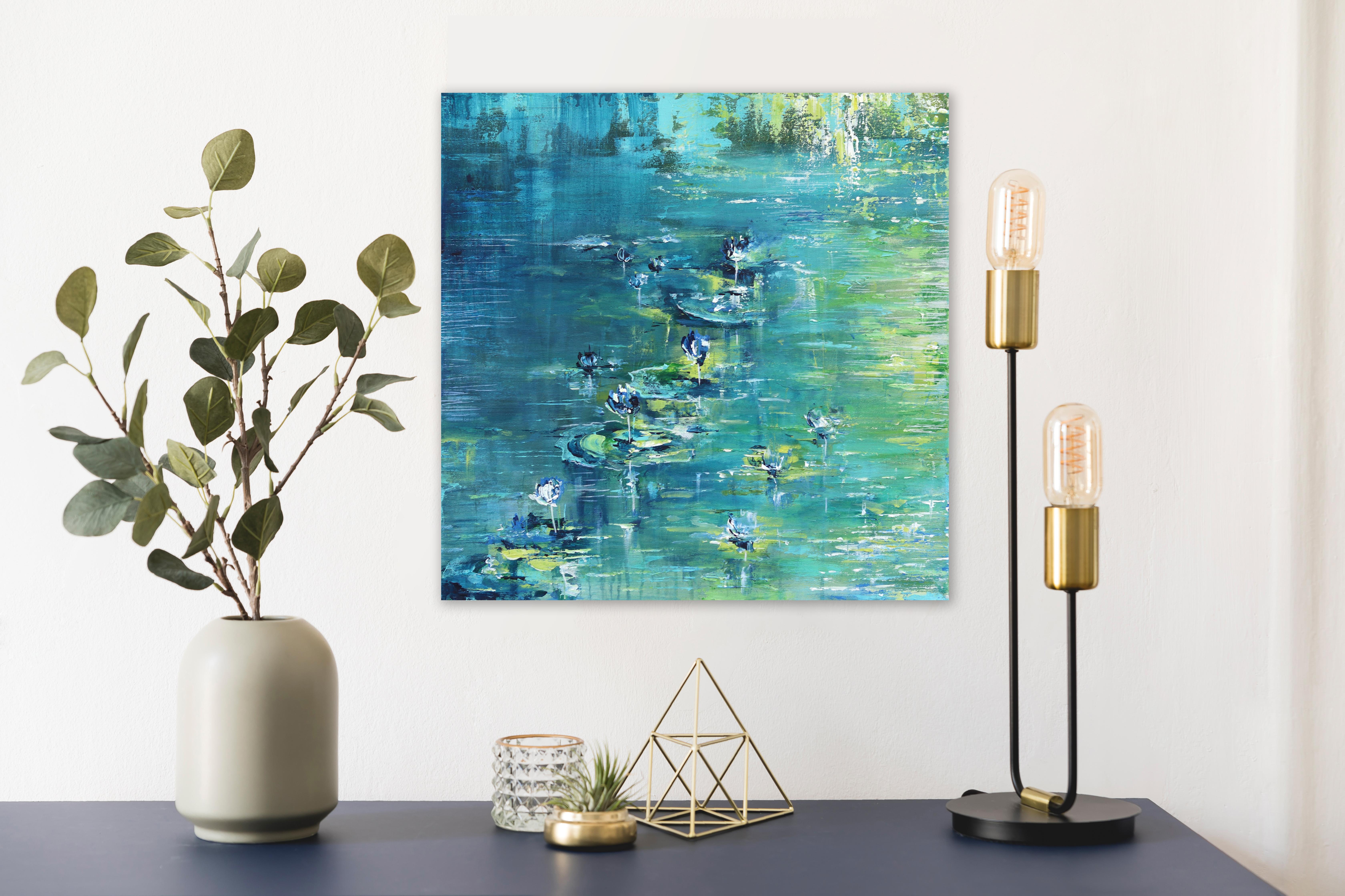 Aquarelle Lily Pond - Peinture abstraite originale de paysage bleu vert - Painting de Ivana Milosevic