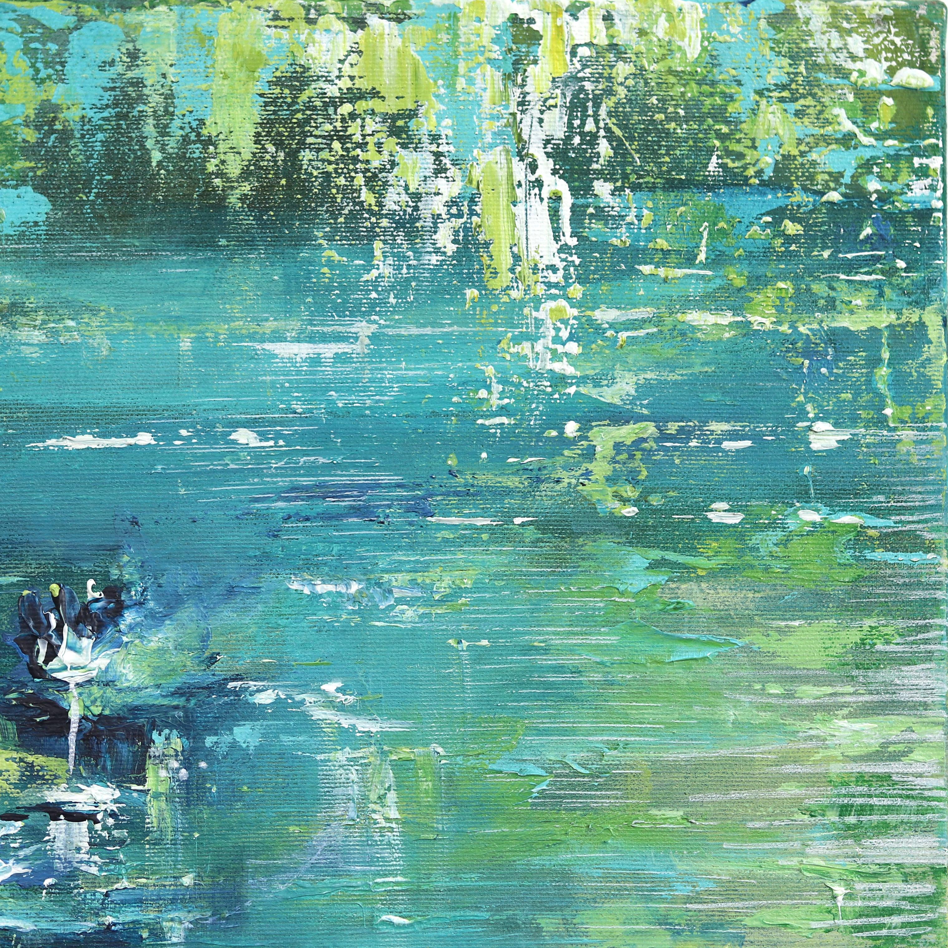 Aquarelle Lily Pond - Peinture abstraite originale de paysage bleu vert - Post-impressionnisme Painting par Ivana Milosevic