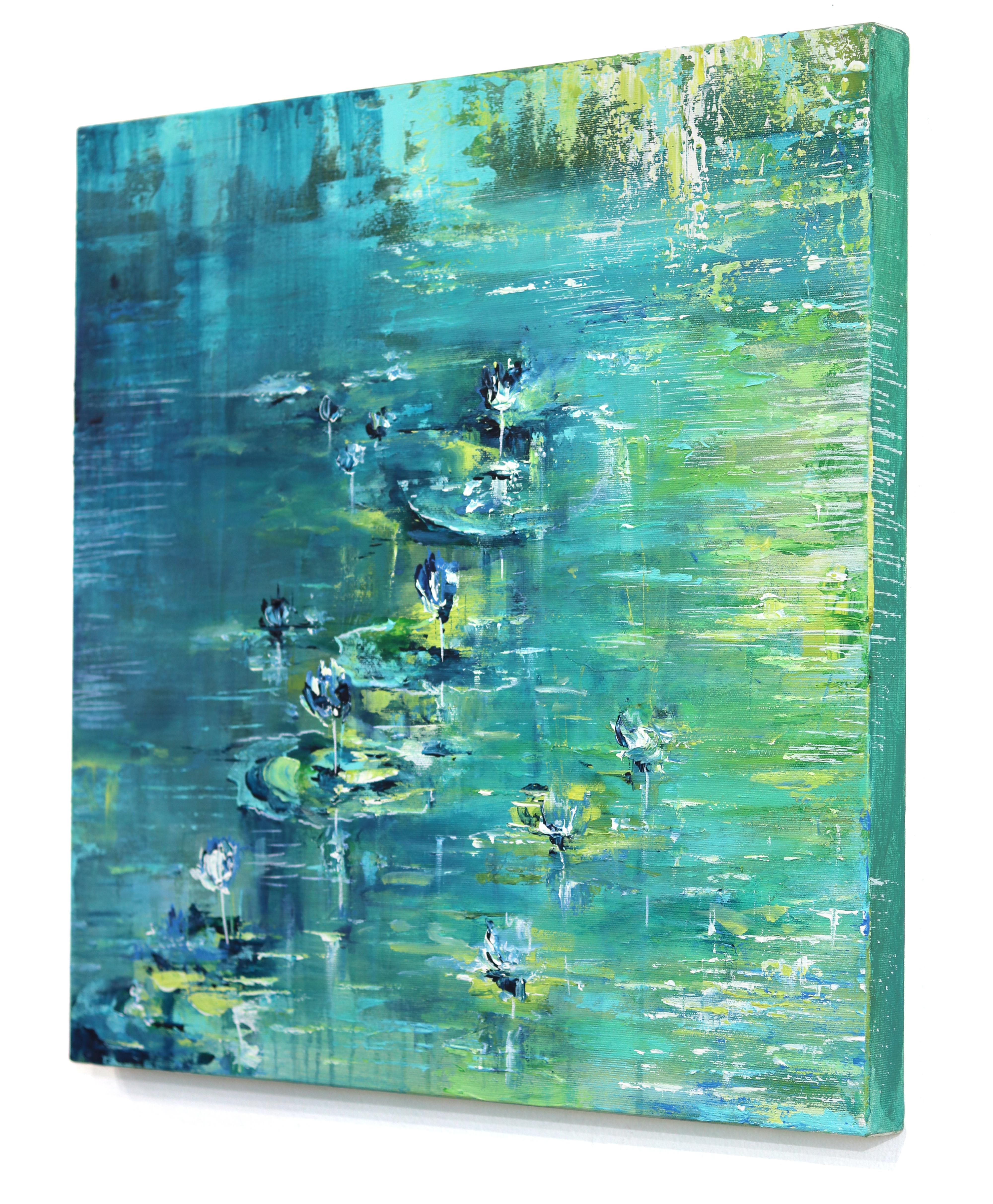 Aquarelle Lily Pond - Peinture abstraite originale de paysage bleu vert - Bleu Landscape Painting par Ivana Milosevic