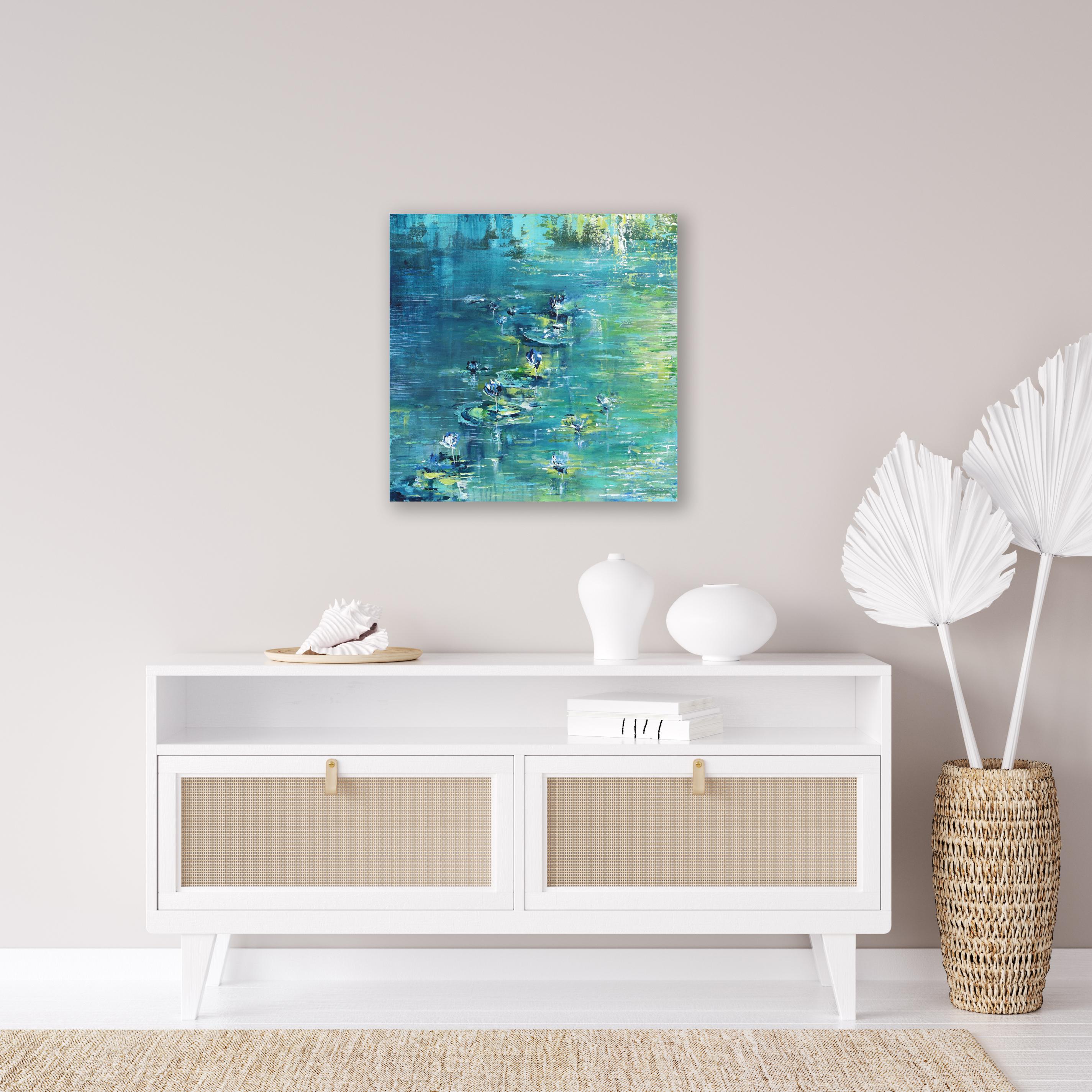 Aquarelle Lily Pond - Peinture abstraite originale de paysage bleu vert en vente 1