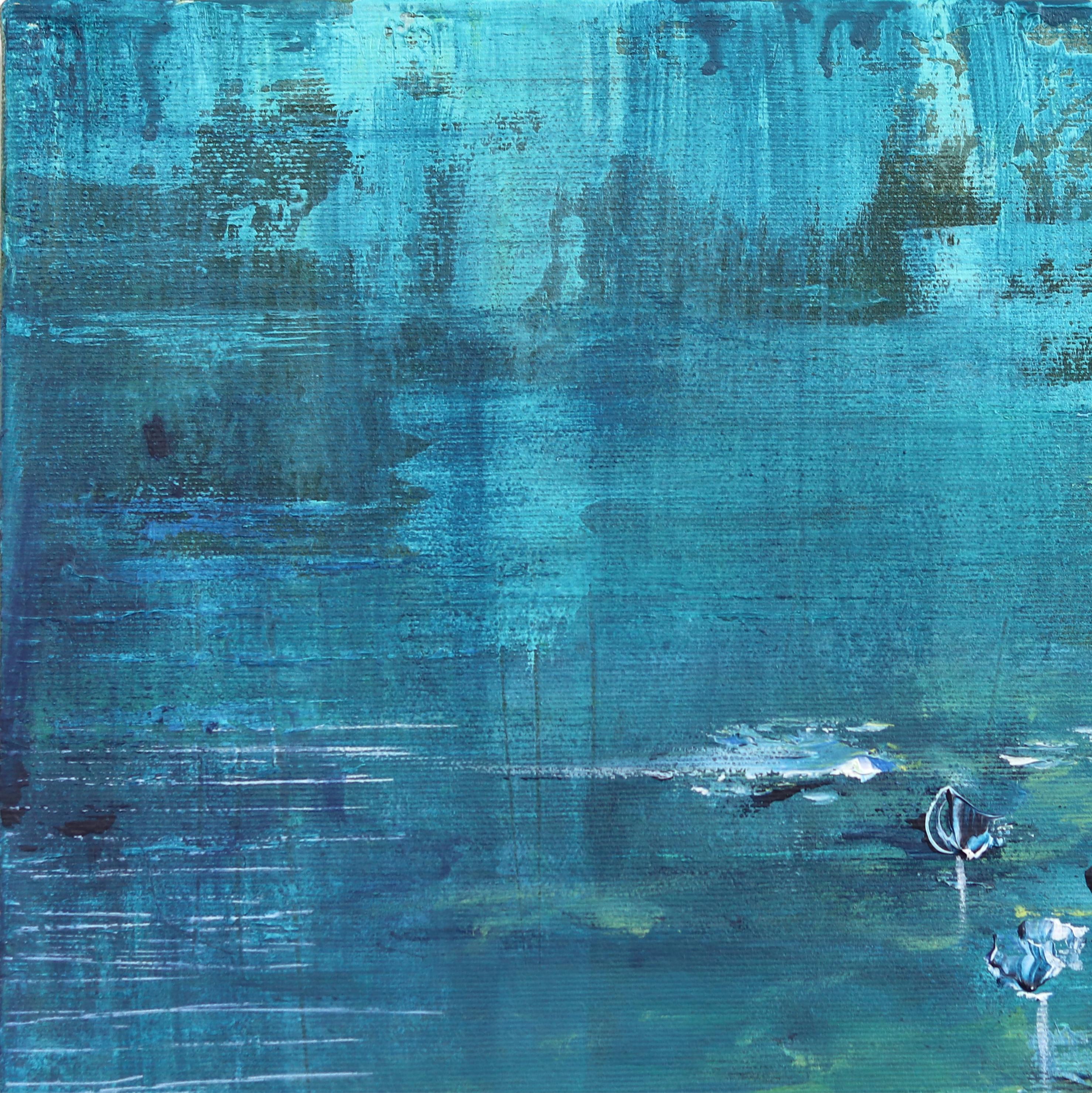 Aquarelle Lily Pond - Peinture abstraite originale de paysage bleu vert en vente 2