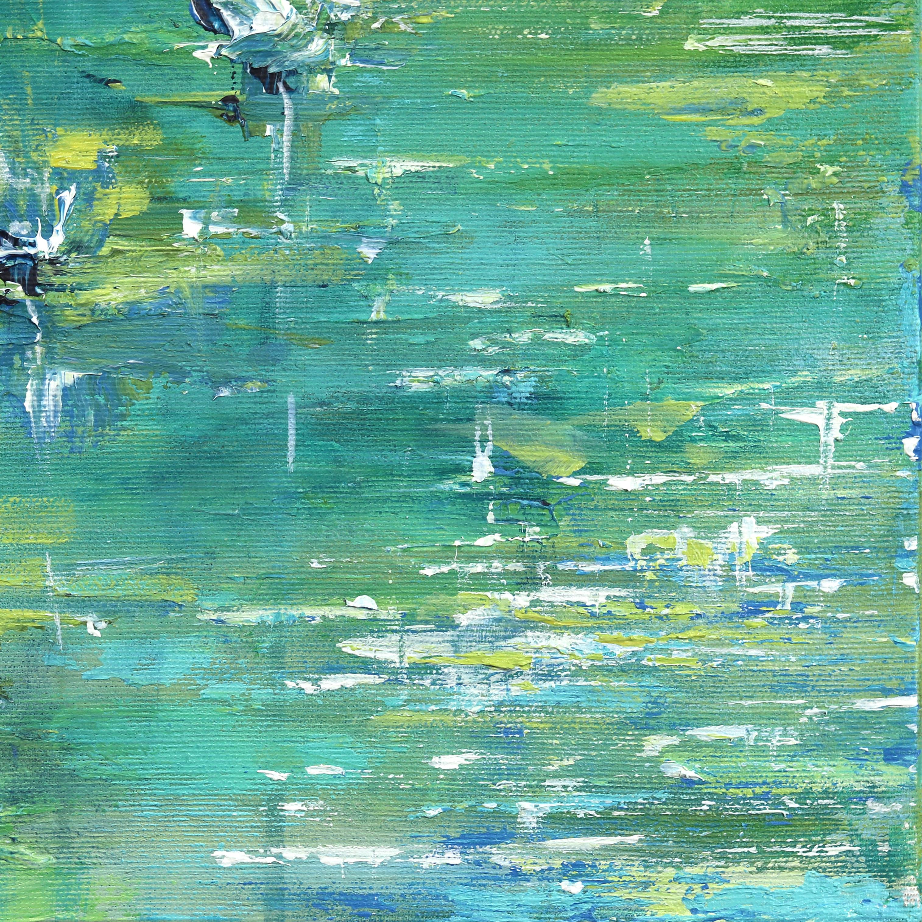 Aquarelle Lily Pond - Peinture abstraite originale de paysage bleu vert en vente 3