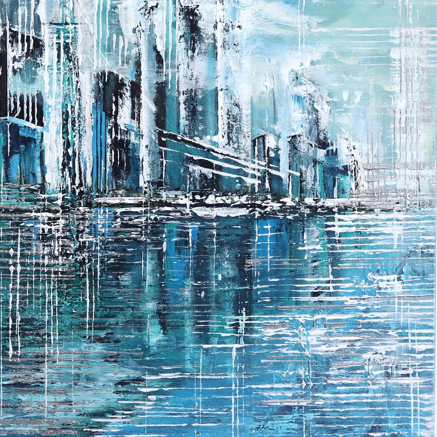 Ivana Milosevic creates vibrant, pulsing cityscapes that emphasize color and texture. She uses palette knives and bushes to carve building structures into layers of paint. Small shadows of human figures populate her city streets, adding a sense of