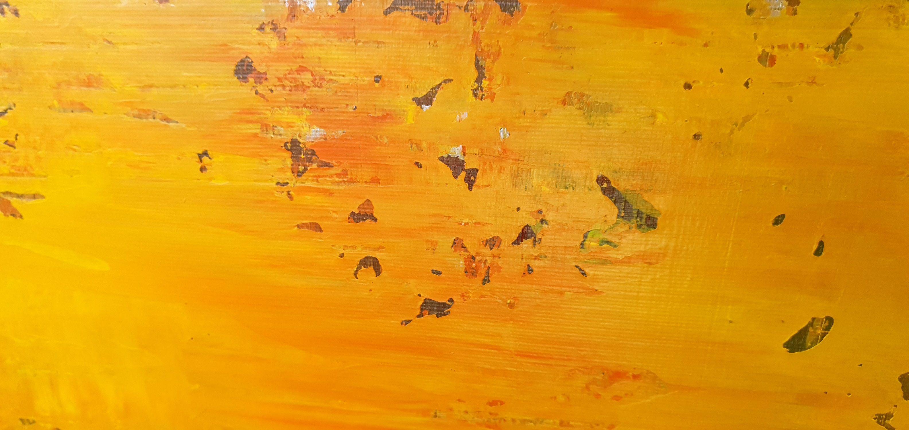 An original one-of-a-kind abstract painting.    Minimalistic yet powerful.  Inspired by autumn, the last ray of Sun, Indian summer, and the smell of fallen leaves.    Shades of orange and yellow with a touch of silver color will certainly brighten