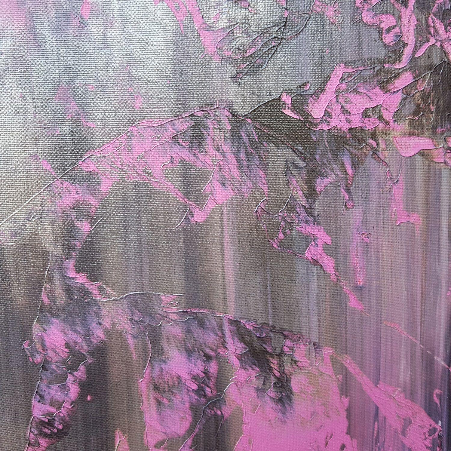 An original one-of-kind multilayer palette knife abstract painting with a gentle texture.    Shades of pink with silver and anthracite black color.  The metallic colors shine beautifully as the light changes during the day.  Full of details. 