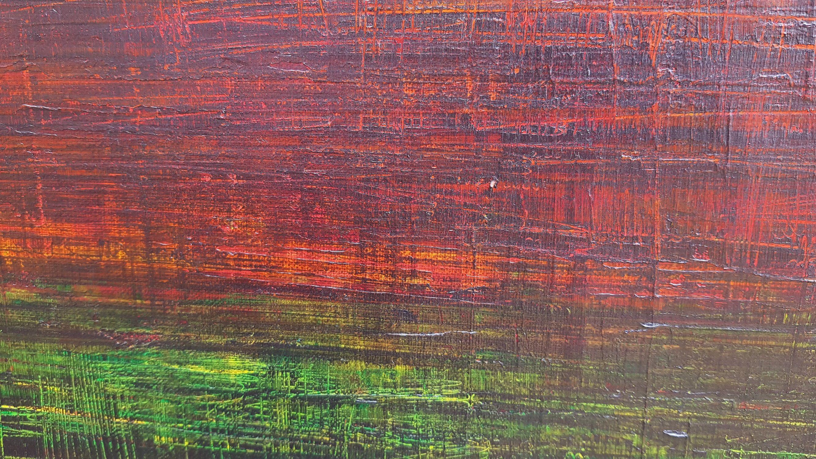 Un originale paesaggio astratto a spatola, unico nel suo genere, con una texture delicata.    Arancione brillante in contrasto con il nero antracite metallizzato.  Grazie alla tecnica tipica dell'artista che utilizza una spatola, i colori inferiori